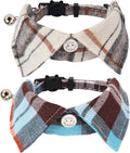 ADOGGYGO Cat Collar Breakaway with Bowtie Bell, Removable Shirt Collar, 2 Pack Beige Blue Plaid Collars for Cat Kitten