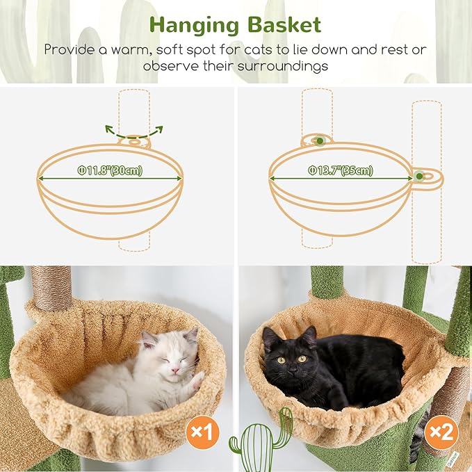 Globlazer Large Cat Tree, 80 inch Multi-Level Cactus Tall Climbing Tower Kitty Condos Cat Scratching Tower for Indoor Multiple Large Adult Cats Kittens with 3 Cat Caves, 3 Hanging Baskets, F80F, Green