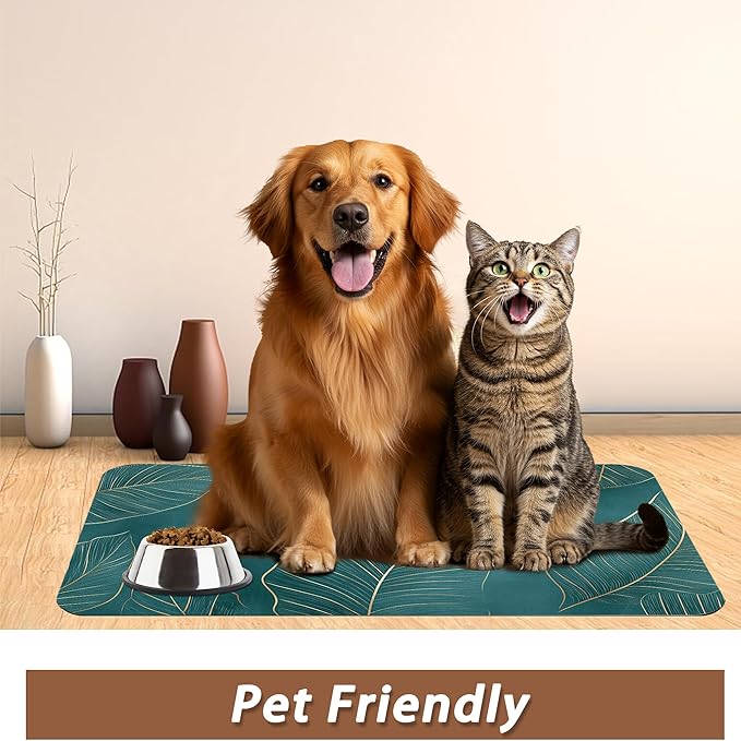 Tropical Palm Leaves Dog Food Mat for Floors,Absorbent Quick-Dry Pet Feeding Mat,Cat Dog Bowl Mats for Food and Water,Non-Slip Pet Accessories Supplies 16"x24"