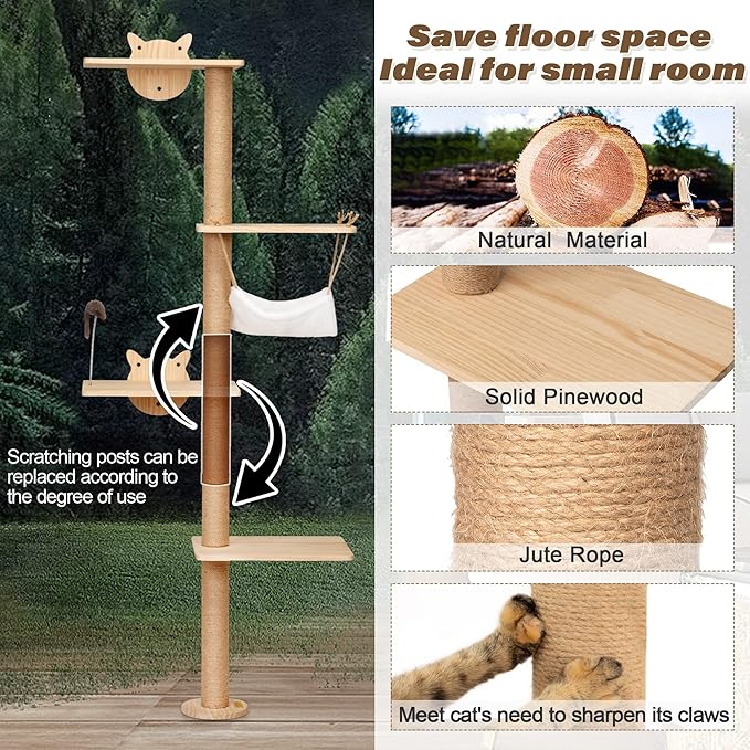 COZIWOW Cat Tree Wall Mounted 4 Tier Cats Climbing Tower 69" Sisal Scratching Post, Cat Wall Shelves Kitten Furniture with Hammock Hanging Toys Wild Simulation, Large Perch Suitable for Lookout