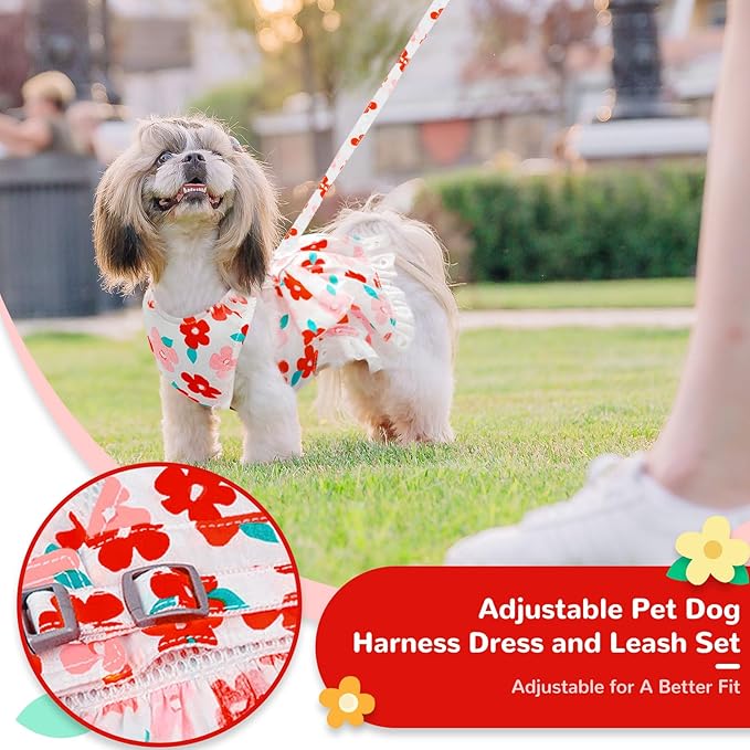Dog Harness Dress Leash Set for Small Dog Summer Clothes Girl Female Puppy Cats Outfits Cute Floral Bowknot Princess Birthday Dress for Extra Small Pet Doggie Kitten Outfits Apparel(Red,M)