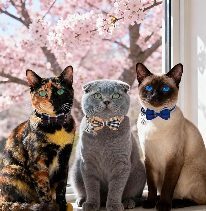 Cat Collar 3pcs Set Classical Plaid Tartan Grid Pattern Detachable Bowtie & Bell Safety Breakaway for Cats Kittens Blue Brown Black