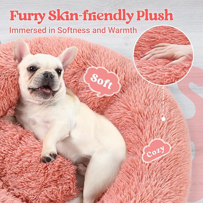 rabbitgoo Calming Dog Bed for Small Medium, 27 inches Pet Bed Machine Washable, Non-Slip Round Fluffy Plush Faux Fur, Soft Donut Cuddler Cushion for Small Dogs, Pink