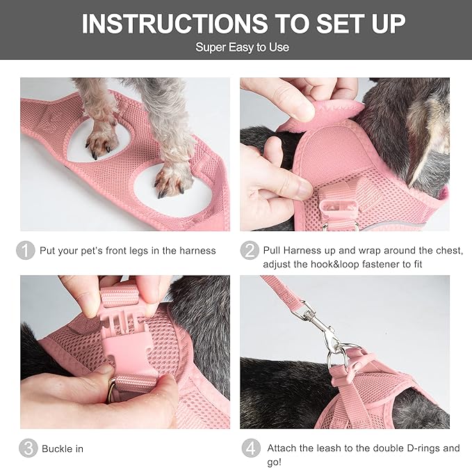 Fida Comfy Dog Harness with Leash, Soft Puppy Vest Escape Proof, Breathable Lightweight Soft Mesh, Adjustable Reflective Step-in Harness for Small Dogs Walking (S, Pink)