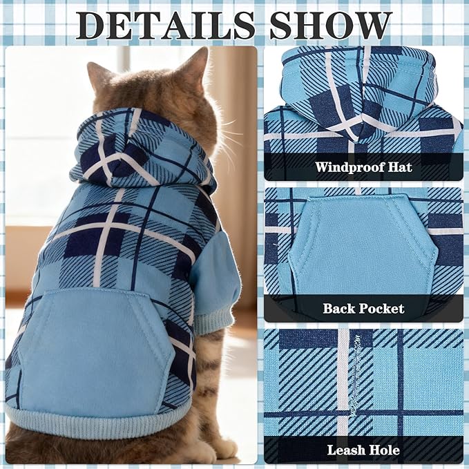 EXPAWLORER Plaid Cat Hoodie - British Style Warm Cat Sweater Shirt with Leash Hole,Pet Clothes Outfits,Winter Coat Apparel for Puppy Cats Girl Boy-Kitten Apparel,Blue M