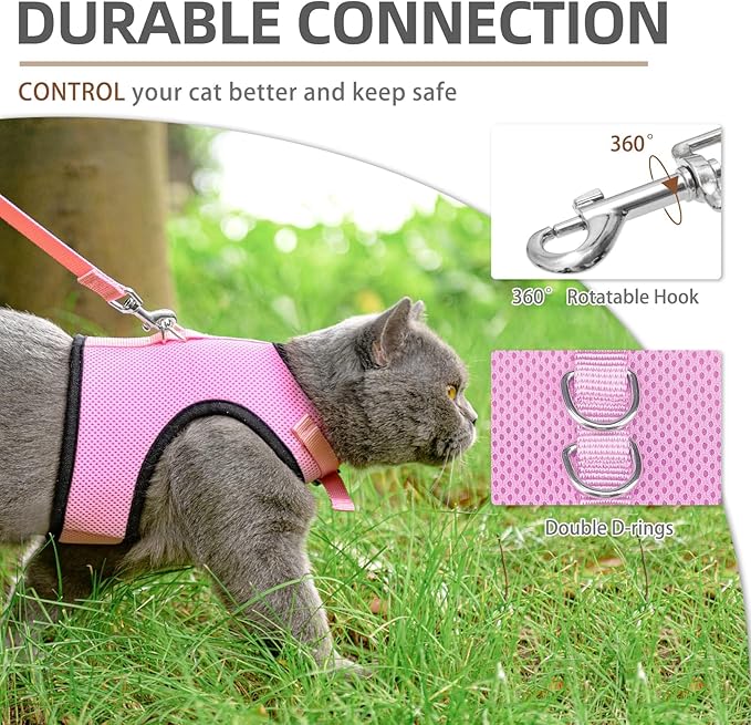 PUPTECK Soft Mesh Cat Vest Harness and Leash Set Puppy Padded Pet Harnesses Escape Proof for Cats Small Dogs (Small, Pink)