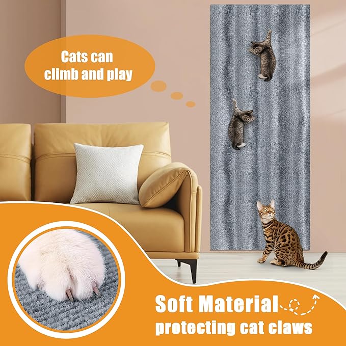 cat Scratching mat Self-Adhesive, Trimmable Furniture Protector for Couch, Sofa, Wall & Cat Trees - Durable Scratch Pad with Nano Tape, DIY Climbing Carpet for Indoor Cats(Light Grey, 39.3"x15.8")