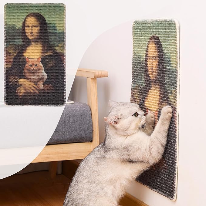 Sisal Cat Scratcher Mat (Use on Wall, Couch and Carpet), Durable and Shedding-Resistant Cat Scratching Surface - 21.7x13 inch with Adhesive Pads and Twist Pins (Monalisa and The Cat)