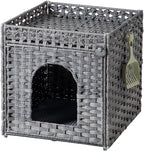 Cat Litter Enclosure with Hidden Litter Mat and Rattan Cat House, Supports Two Litter Boxes, Ideal for Living Room or Bedroom (Gray)