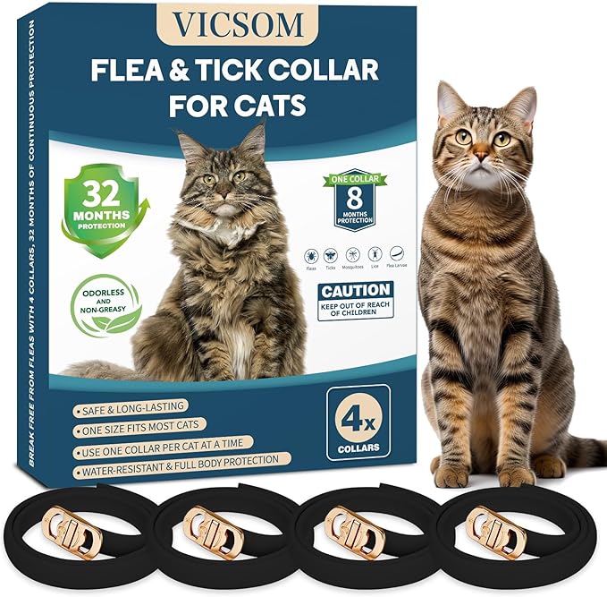 VICSOM 4 Pack Flea and Tick Collar for Cats, 32 Months Treatment, Waterproof Adjustable Kitten Flea Collar, Flea Prevention, Black