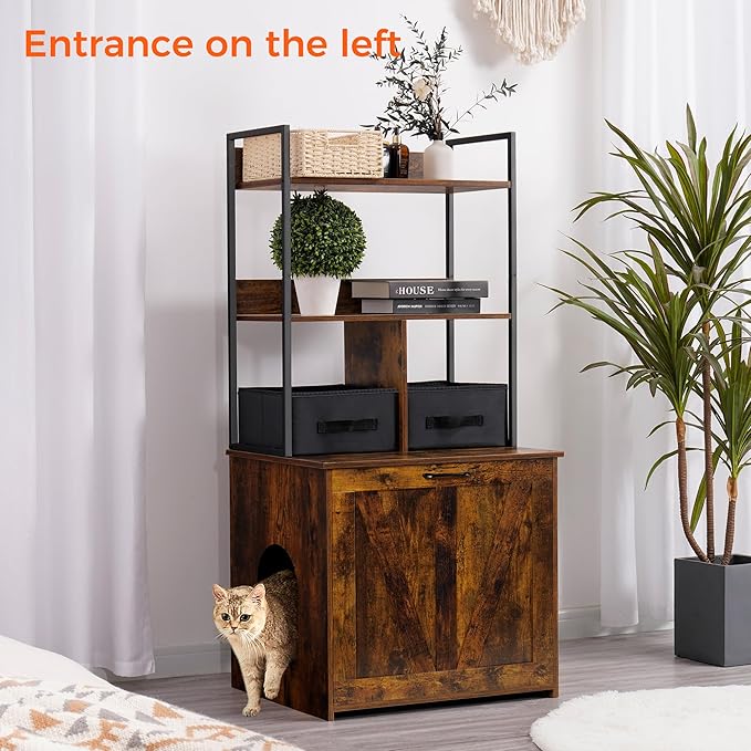 Dwanton Litter Box Enclosure with 2 Storage Shelves and 2 Drawers, 2-in-1 Hidden Cat Litter Box Enclosure Furniture with Shelf, Reversible Entrance, Washable Drawers, 50-Inch, Rustic Brown