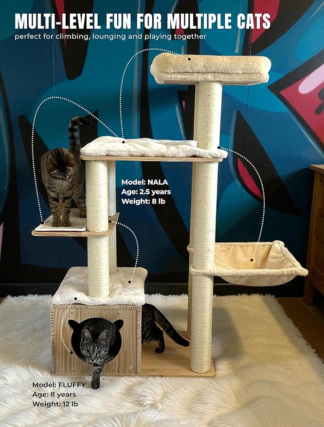 Multi-Level Pine Wood Cat Tree Tower for Indoor Large Cats - Solid Cat Condo House with Hammock - Sisal Scratching Posts - Sturdy Cat Furniture, 49", Beige