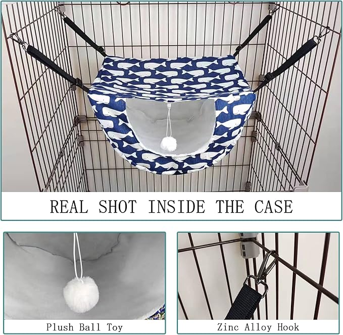 JSPYFITS Cat Cage Hammock with Ball,Double Layer Hanging Adjustable Soft Pet Bed Suit for Kitten Ferret Puppy Rabbit or Small Pet, 2 Level Indoor Bed for All Season(Blue Whale)