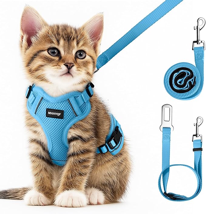 Cat Harness and Leash Set for Walking Escape Proof, Improved Four Place Adjustable Cat Car Harness, Soft Kittens Vest with Reflective Strip for Cats, Comfortable Outdoor Vest, Blue, XS