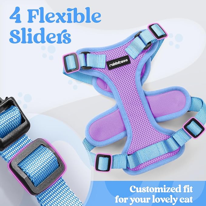 rabbitgoo Cat Harness and Leash Set, Escape Proof Soft Adjustable Vest Harnesses for Outdoor Walking, Easy Control Breathable Kitten Jacket with Reflective Strips, Purple & Blue, XS