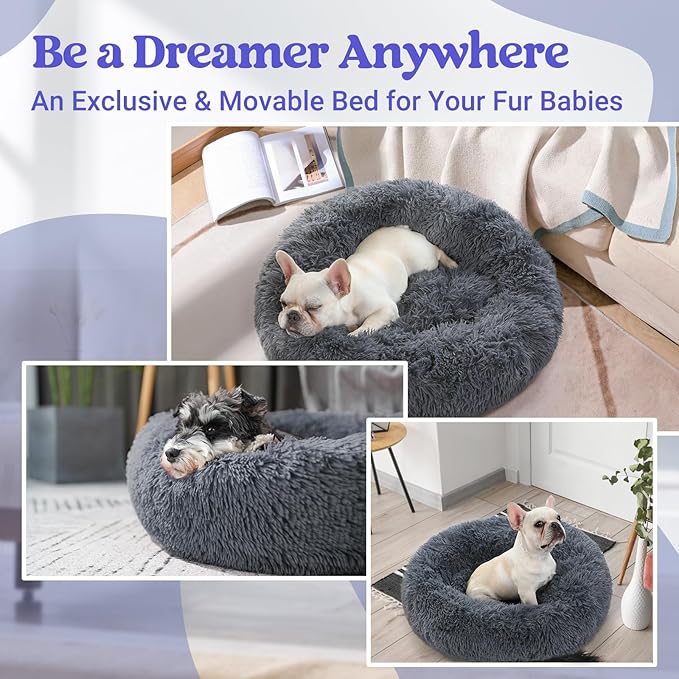 rabbitgoo Calming Dog Bed for Small Medium, 27 inches Pet Bed Machine Washable, Non-Slip Round Fluffy Plush Faux Fur, Soft Donut Cuddler Cushion for Small Dogs, Dark Grey