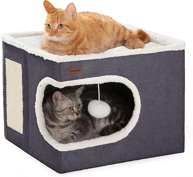 Cat Bed for Indoor Cats Cube House, Covered Cat Cave Beds & Furniture with Scratch Pad and Hideaway Tent, Cute Modern Cat Condo for Multi Small Pet Large Kitten Kitty, Dark Grey