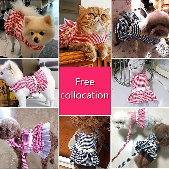 Small Dog Dress with Leash Set Adjustable Dog Harness Dress with D Ring Breathable Walk Doggie Outfits for Puppy Girl and Cat (S,Black)