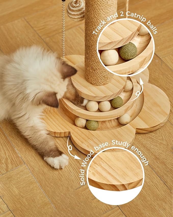 Cat Scratching Post, 4 in 1 Wooden Cat Scratcher Toy, 17.7" Tall Scratch Post with 2 Level Cat Track Balls, Interactive Feather Toy and 2 Sisal Hanging Balls for Indoor Kittens, Adult Cats