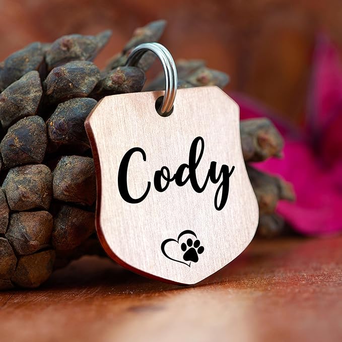 Ultra Joys Cat ID Tag Personalized Pet Tags, Durable Stainless Steel Small Pet Mini Dog Cat Tag Lightweight - Shield Tag in Rose Gold
