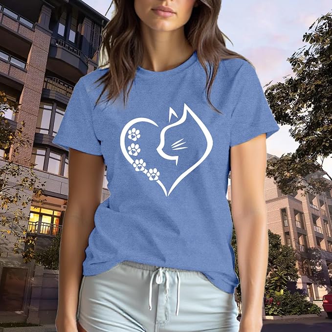 Cat Shirts for Women Cat Mom Tshirts Pet Lover Shirt Cats Paw Print Tee Tops