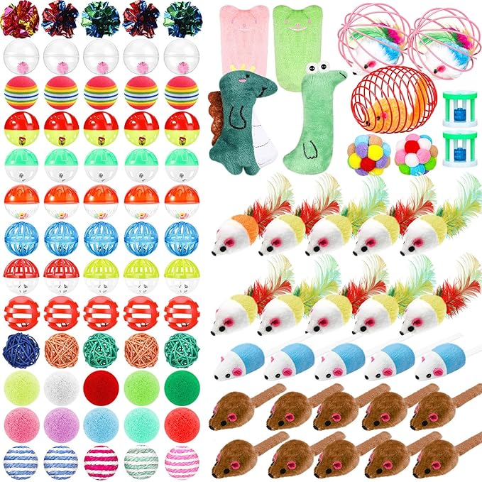 Lenwen 100 Pcs Cat Toys Set Bulk Cat Fur Mice Toys Variety Plastic Ball with Bell Furry Pompom Rattle Mouse Assorted Interactive Catnip Toy Pillow Chew Nice Gift for Indoor Kitten Cats Catch Play
