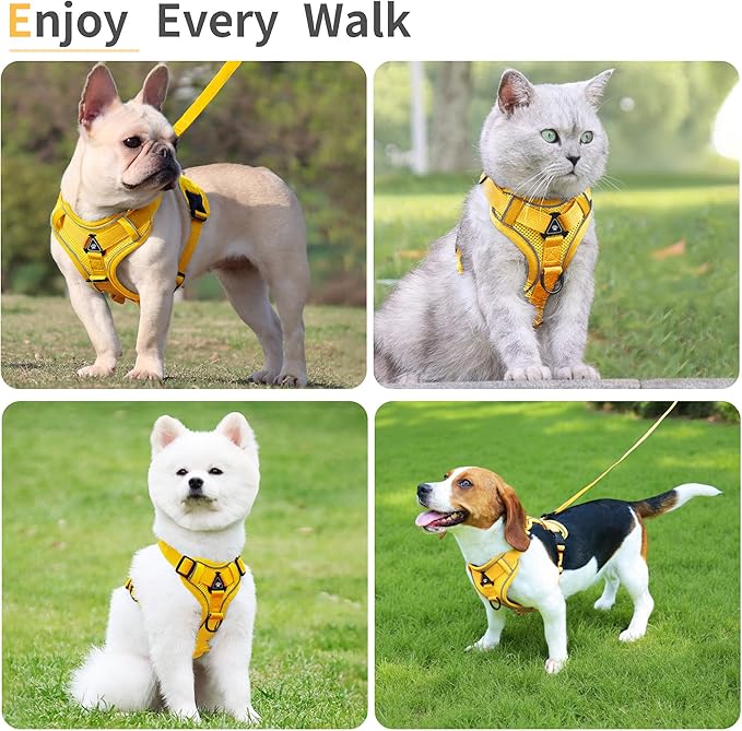 No Pull Dog Harness with Leash Set for Small Sized Dog, Reflective Adjustable No Choke Cat Vest Harness with Breathable Mesh, Comfortable Soft Padded Pet Vest, Yellow L