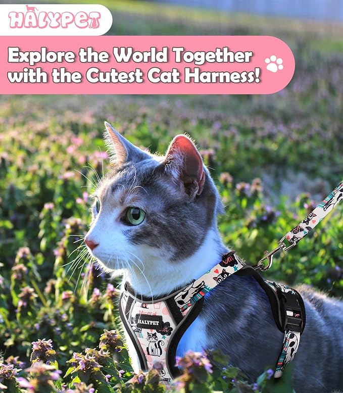 Halypet Cat Harness and Leash Set[MAX Safety 4th-Gen] Cute Escape Proof Vest Harness for Girl&Boy Cat Walking, Comfortable Adjustable Leash and Reflective Strips for Outdoor Kitten, M Inky Meowy