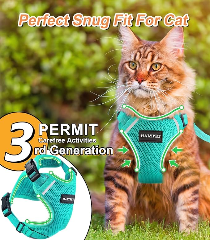 Halypet Cat Harness and Leash Set [ MAX Safety Third Generation ] Escape Proof Soft Adjustable Cat Leash Breathable Comfortable Vest Easy to Wear Kitten Harness for Outdoor Walking