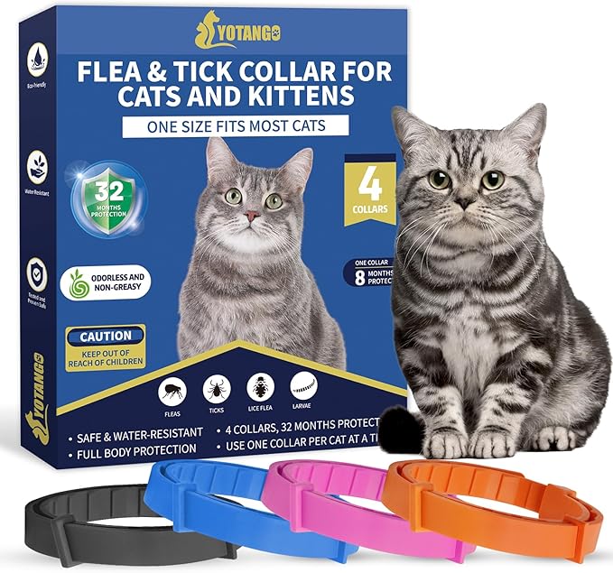 4 Pack Flea Collar for Cats, 32 Months Flea and Tick Prevention for Cat, Waterproof Natural Cat Fleas and Ticks Treatment, Adjustable Fleas and Ticks Collar for Cats Kittens(4 Colors)