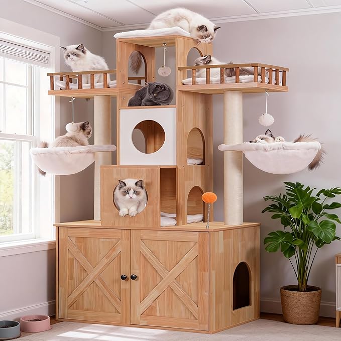Heybly Cat Tree with Litter Box Enclosure for Indoor Big Cat, Cat Tower for Large Cats 20lbs Heavy Duty, Modern Cat Condo Furniture with Scratching Posts, Walnut HCT110WB