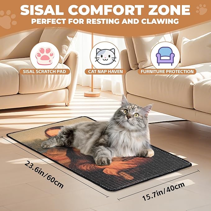 Sisal Cat Scratcher Mat, Cat Wall Scratcher for Indoor Cats, 23.6x15.7 Inch Cat Scratch Pad with Hook & Loop, Wall Mounted Cat Scratching Post to Protect Couch and Carpet（Mona Lisa）