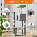 Sweetcrispy 44 Inch Cat Tree Tower, Cat Climbing Tower with Natural Sisal Scratching Posts, Hammock, Pet Condo for Indoor Cats and Kittens Play, Light Grey
