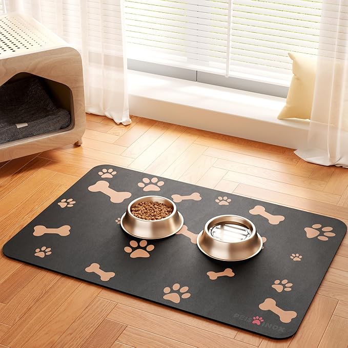 Cat Dog Food Mat, Rapid Water Absorption Dog Mat for Food and Water,100% Waterproof Cat Dog Bowl Mat,16"x24"-Black