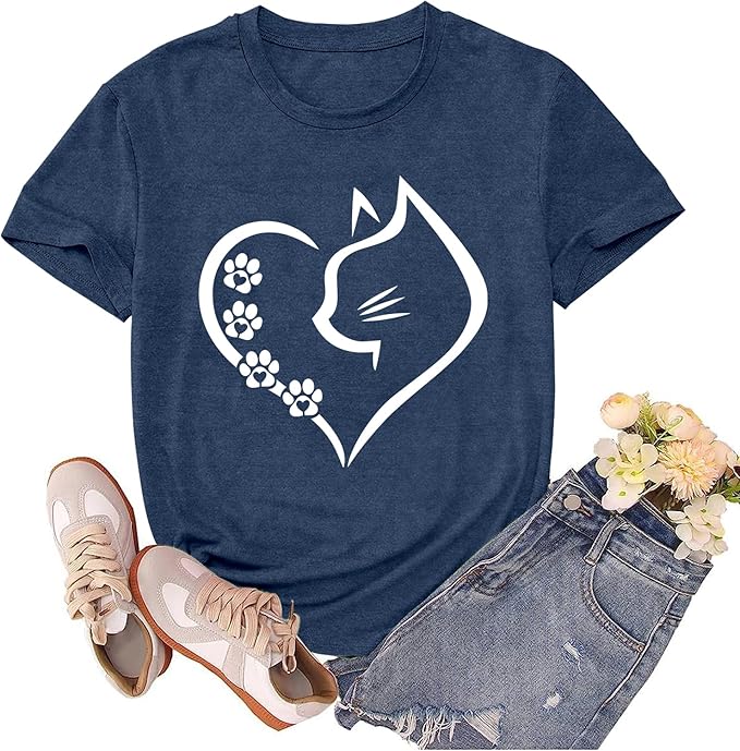 Cat Shirts for Women Cat Mom Tshirts Pet Lover Shirt Cats Paw Print Tee Tops