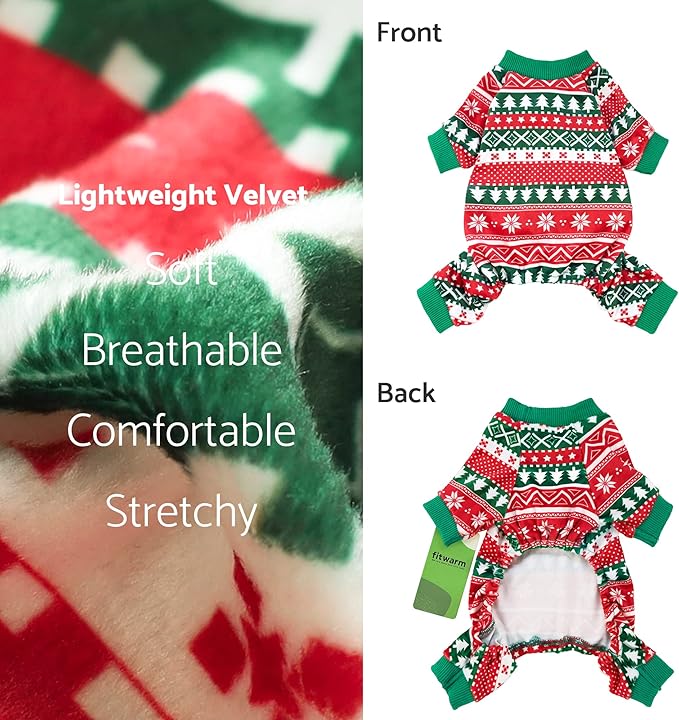 Fitwarm Dog Christmas Outfit, Holiday Pet Clothes for Small Dogs Boy Girl, Festive Pajamas with Feet, Puppy Onesie, Red, Green, XL