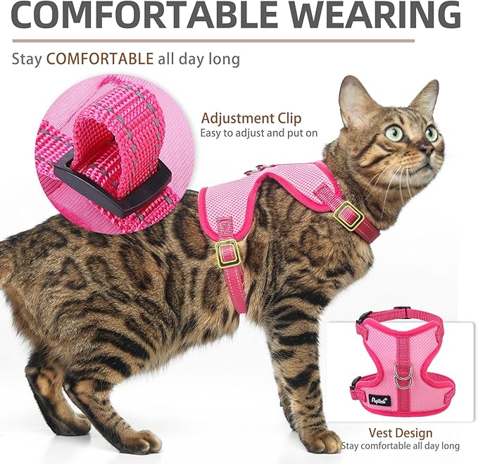 PUPTECK Cat Harness and Leash Set Escape Proof, Reflective Adjustable Soft Mesh Kitten Vest Harness for Walking Travel, Pink, S