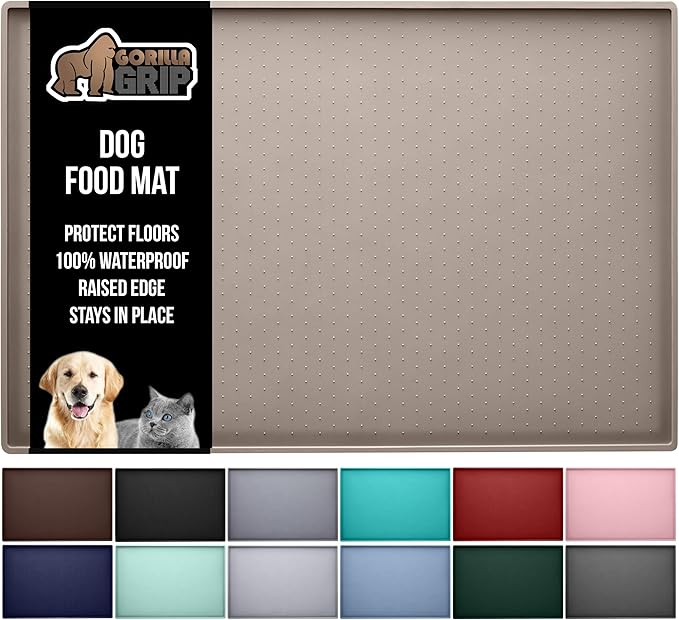 GORILLA GRIP 100% Waterproof Raised Edge BPA Free Silicone Pet Feeding Mat, Dog Cat Food Mats Contain Spills Protects Floors, Placemats for Cats and Dogs Water Bowl, Pets Accessories 16x10, Beige