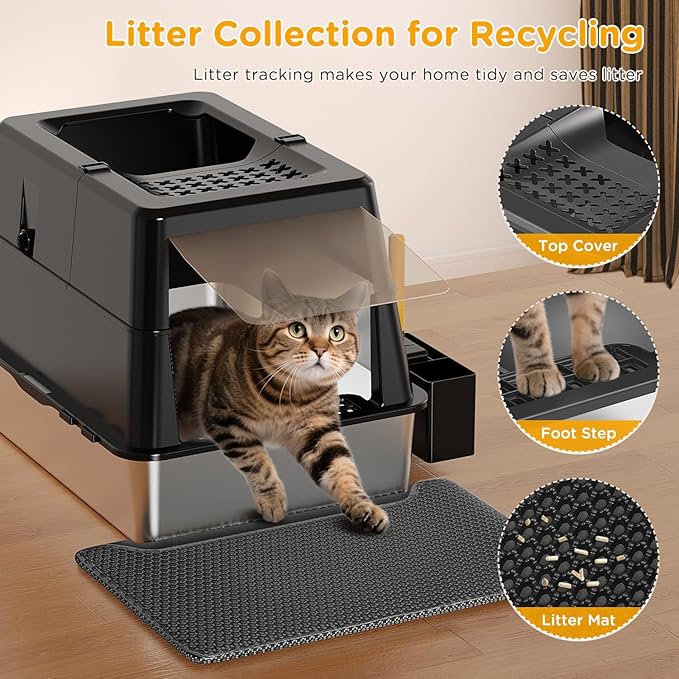 XXL Stainless Steel Litter Box with Lid, 27.5''x19.7''x19.3'', Modular Design & Flip Lid of Closed Metal Litter Box Fit All Cats, Covered High Sided Cat Box, Non-Sticky, Easy to Clean, Black