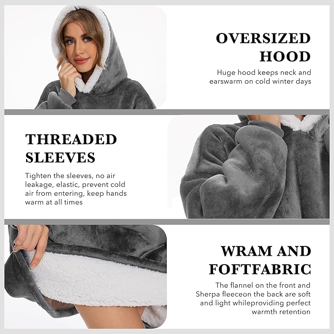 Wearable Blanket Hoodie with Giant Pocket, Soft Warm Sherpa Fleece Oversized Blanket Sweatshirt Gifts for Women Men