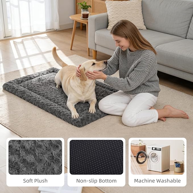 Washable Dog Bed Mat Ultra Soft Dog Crate Pad Comfy Fluffy Pet Kennel Beds Dog Sleeping Mattress for Large Jumbo Medium Small Dogs, 41 x 27 Inch, Gray