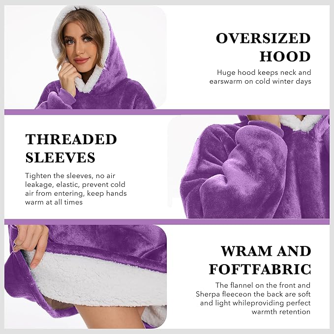 Wearable Blanket Hoodie with Giant Pocket, Soft Warm Sherpa Fleece Oversized Blanket Sweatshirt Gifts for Women Men