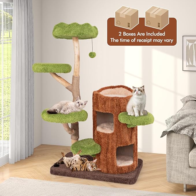 Tangkula Solid Wood Cat Tree, Cute Cat Tower with Scratching Posts, 2-Tier Tree Hole Cat Condo, Wood Branches, Sisal Panel, Top Perch, Platforms & Hanging Toy, Cat Tree for Indoor Cats Large Adult