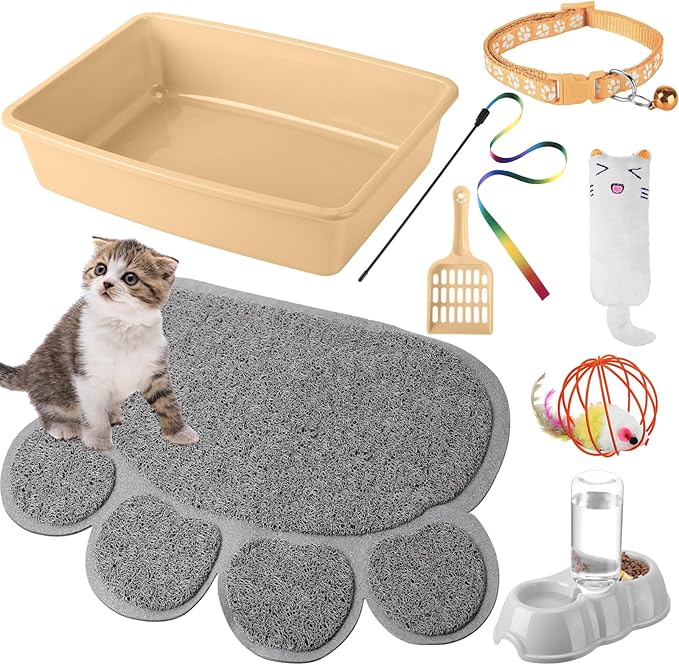 7 Pcs Small Cat Kitten Starter Kit Cat Litter Box with Shovel Paw Litter Mat Double Automatic Kitten Bowls Toy Teaser Stick Collar Essentials Kits for 1-3 Lbs Beginner(Simple,Khaki)