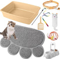 7 Pcs Small Cat Kitten Starter Kit Cat Litter Box with Shovel Paw Litter Mat Double Automatic Kitten Bowls Toy Teaser Stick Collar Essentials Kits for 1-3 Lbs Beginner(Simple,Khaki)