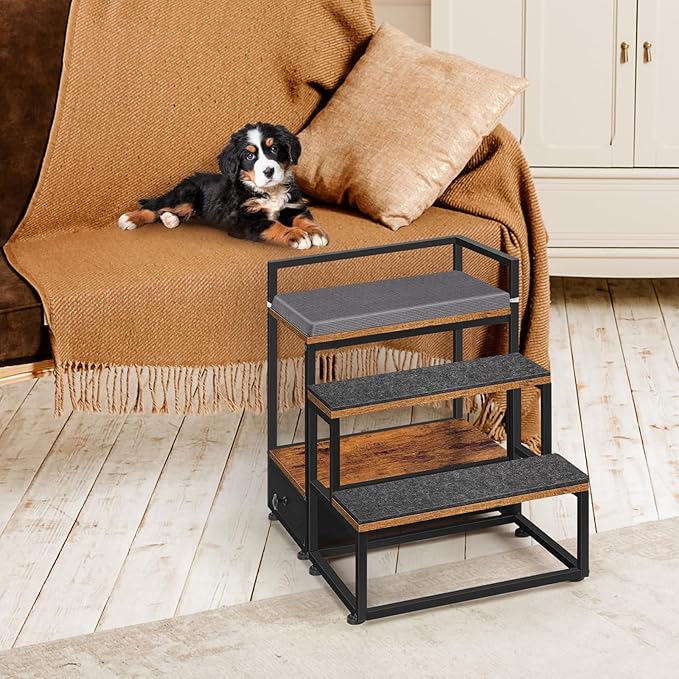 Dog Window Perch, Elevated Pet Bed with Stairs and Storage Drawer, Non-Slip Dog Stairs for Small Dogs, Cat Dog Window Seat Pet Stairs for Bed and Couch, Rustic Brown