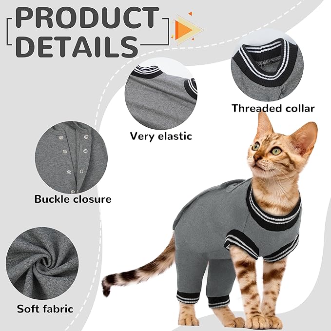 PUMYPOREITY Cat Recovery Suit for Hind Legs, Cat Surgical Spay Suit with Leg Sleeves to Stop Licking, Long Rear Sleeve Wound Cover Abdomen Kitten Onesie, Grey, S