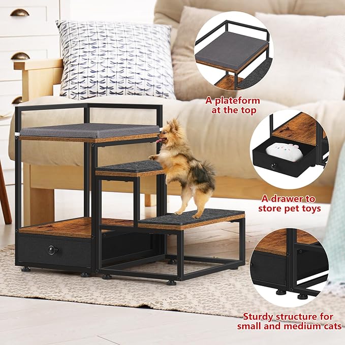 Dog Window Perch, Elevated Pet Bed with Stairs and Storage Drawer, Non-Slip Dog Stairs for Small Dogs, Cat Dog Window Seat Pet Stairs for Bed and Couch, Rustic Brown