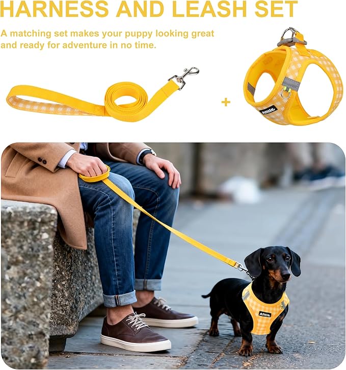 AIITLE Breathable Mesh Dog Vest Harness, No Pull Escape Proof Vest Harnesses with Reflective Bands, Adjustable Plaid Pet Outdoor Harnesses for Small and Medium Dogs Yellow M
