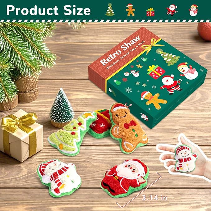 Retro Shaw Christmas Cat Toys, Xmas Catnip Toys for Indoor Cats Kitten Teeth Cleaning, Crinkly Interactive Cat Chew Nip Kitty Kicker Toy Santa Claus Trees Snowman, 5 Pack